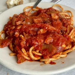 Ridge Italian Comfort Food - Bucatini Amatriciana - Mildly spicy and flavorful ( pasta with Italian bacon and onions in a fresh tomato sauce)