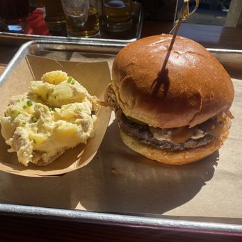 Fire Ant Brewing - Pimento Cheese Burger with potato salad. - Bars Near Me - Tomball, Texas Fire Ant Brewing - Pimento Cheese Burger with potato salad. - Bars Near Me - Tomball, Texas