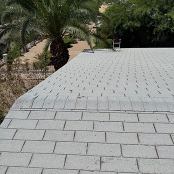 Tip Top Roofing Service - A rooftop with gray shingles is shown, with palm trees and other trees visible in the background under a clear sky. - Roofing Near Me - Scottsdale, Arizona