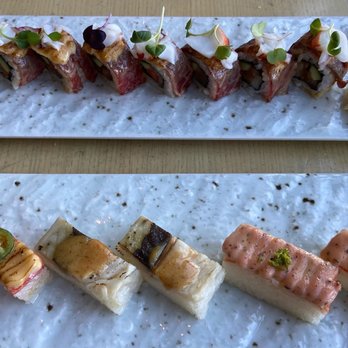 Miku - Top: Surf & Turf roll Bottom: Sushi sampler (all delicious but salmon is the best!) - Japanese Near Me - Vancouver, British Columbia
