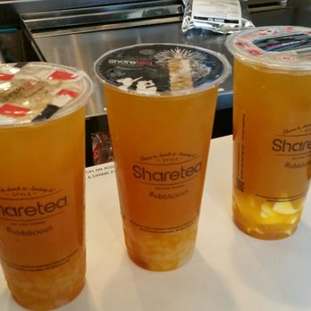 Sharetea - Three green mango iced 30%sugar two with Lychee and one with Lychee and egg pudin. - Coffee & Tea Near Me - Cerritos, California Sharetea - Three green mango iced 30%sugar two with Lychee and one with Lychee and egg pudin. - Coffee & Tea Near Me - Cerritos, California