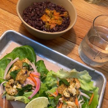 bartaco - shrimp tacos (spicy!) lettuce wrapped with side of beans - Mexican Near Me - Atlanta, Georgia