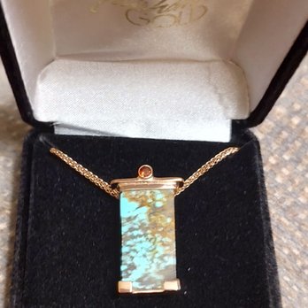 Fairhaven Gold - My beautiful new pendant. I supplied the turquoise and a drawing. My new pendant looks exactly like my drawing.Thank you Jason! - Jewelry Near Me - Bellingham, Washington