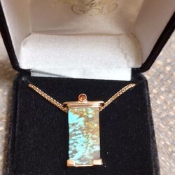 Fairhaven Gold - My beautiful new pendant. I supplied the turquoise and a drawing. My new pendant looks exactly like my drawing.Thank you Jason!