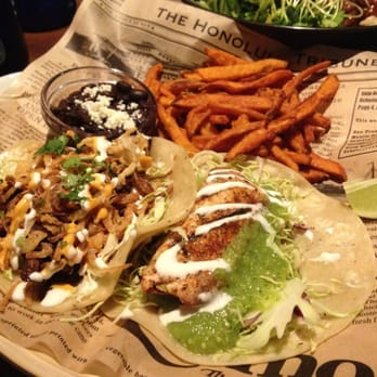 Pacific Catch - Island tacos. 1 mahi mahi and one steak with sweet potato fries. - Seafood Near Me - Campbell, California Pacific Catch - Island tacos. 1 mahi mahi and one steak with sweet potato fries. - Seafood Near Me - Campbell, California