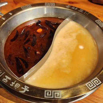 Chuan Pot - Szechuan broth (left) and miso broth (right). - Hot Pot Near Me - Diamond Bar, California