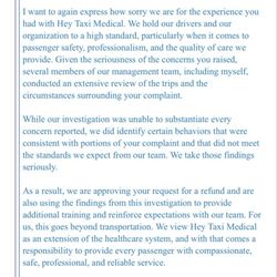 Apology email from Hey Taxi management promising a refund. Still no refund...
