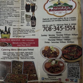 Nuevo Amanecer - Business hours, phone number, location, drinks, Weekend only items, Catering Menu, and menu QR code - Mexican Near Me - Melrose Park, Illinois Nuevo Amanecer - Business hours, phone number, location, drinks, Weekend only items, Catering Menu, and menu QR code - Mexican Near Me - Melrose Park, Illinois