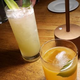 The Wiki-Wiki (rum, mezcal, lime, $18) and L.V. (vodka, passionfruit, basil, $13) cocktails The Wiki-Wiki (rum, mezcal, lime, $18) and L.V. (vodka, passionfruit, basil, $13) cocktails