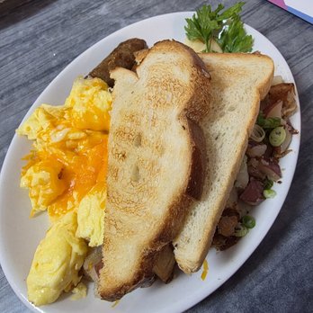 Hot Off The Griddle - Lil Breakfast - Lil Sausage with Scrambled Eggs (added cheese) and House Potatoes - Breakfast & Brunch Near Me - Sacramento, California