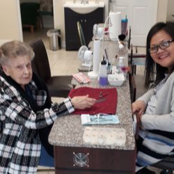 Mom and Linda at work