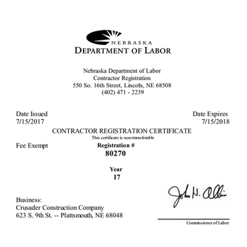 Crusader Construction - a certificate issued by the department of labor - General Contractors Near Me - Plattsmouth, Nebraska