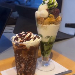 Matcha Mochi Parfait and Moca Latte. Matcha Mochi Parfait and Moca Latte.