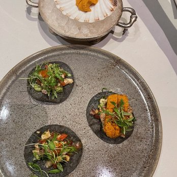 Bourbon Steak Orange County - Best thing we ordered! The sea bass ceviche with Santa Barbara Uni - Steakhouses Near Me - Dana Point, California