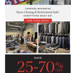 Carriere Menswear - Going out of business after 40 years. The owner is retiring.