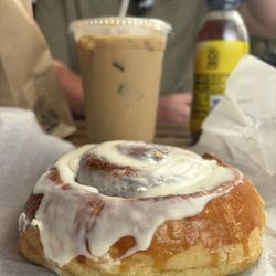 Cinnamon roll and iced coffee