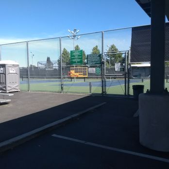 Fremont High School Tennis Courts - entrance chained shut, with clock board, porta potty and benches for waiting players - Tennis Near Me - Sunnyvale, California Fremont High School Tennis Courts - entrance chained shut, with clock board, porta potty and benches for waiting players - Tennis Near Me - Sunnyvale, California
