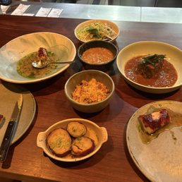 Goat (top right) and white fish (I think it was madai? Can't remember the name exactly, top left).
