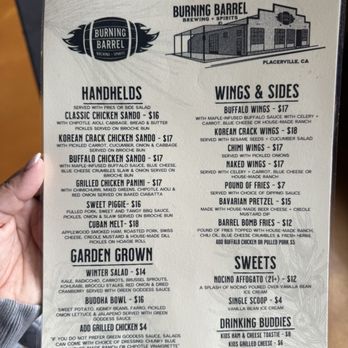 Burning Barrel Brewing and Spirits - food menu as of 3/15/25 - Cocktail Bars Near Me - Placerville, California