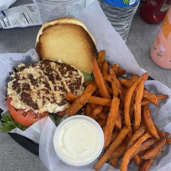 Crabby Steve's - Crab cake sandwich and sweet potato fries - Seafood Near Me - Seacrest, Florida Crabby Steve's - Crab cake sandwich and sweet potato fries - Seafood Near Me - Seacrest, Florida