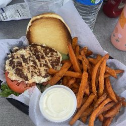 Crab cake sandwich and sweet potato fries