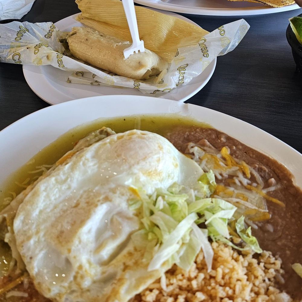 Tamaleria Rincon Sinaloense - Pozole in the background and the eggs with 2 tamales combo - Mexican Near Me - Orange, California