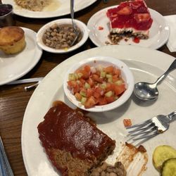 Walton's Southern Table - Meatloaf cucumber salad black eyed peas strawberry pretzel salad
