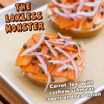 David Doughie's Bagelry - The Loxless Monster; Vegan carrot 'lox' with cashew schmear, capers, and onions - Bagels Near Me - Austin, Texas David Doughie's Bagelry - The Loxless Monster; Vegan carrot 'lox' with cashew schmear, capers, and onions - Bagels Near Me - Austin, Texas