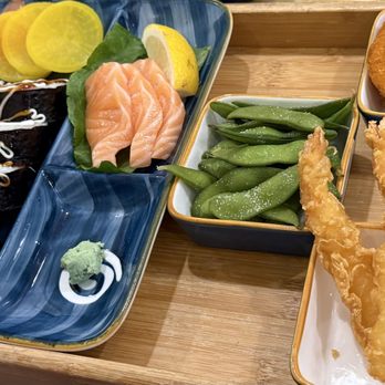 Hanami - 10/23/25 - Hanami Super Combo F - Unagi Roll, Salmon Sashimi, Croquettes, Tempura Shrimp, Edamame, Ginger, Radish, Miso Soup (not shown) - Ramen Near Me - San Leandro, California