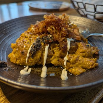 Yalda - Atlanta - Kashk Bademjoon. $13. Fried eggplant, cream of whey, mint, crispy onion and garlic. - Middle Eastern Near Me - Atlanta, Georgia