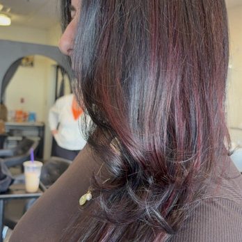 C&D Hair Studio - highlights with burgundy - Hair Salons Near Me - Peabody, Massachusetts C&D Hair Studio - highlights with burgundy - Hair Salons Near Me - Peabody, Massachusetts