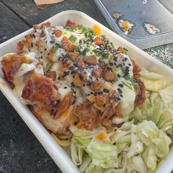 Tin Roof Maui - Mochiko chicken w/garlic noodles (sub) underneath, animal style - Hawaiian Near Me - Kahului, Hawaii Tin Roof Maui - Mochiko chicken w/garlic noodles (sub) underneath, animal style - Hawaiian Near Me - Kahului, Hawaii