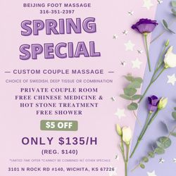 Spring Special
Custom Couple Massage 
Private Couple Room
Choice of Swedish, Deep Tissue or Combination