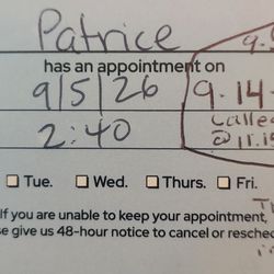 Columbia Dental Group - This is the appointment card that was given to me by THE STAFF MEMBER for Saturday September 5, 2026 @ 2:40pm