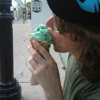 Kilwins Ice Cream - Chocolate - Fudge - David from Scotland, enjoying a Kilwin's Mint Chip cone. - Ice Cream & Frozen Yogurt Near Me - St. Augustine, Florida