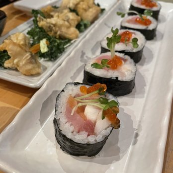 Kiku Sushi - Kaisen Futo-Maki (front) - 5/5 Black Cod Belly Tempura (back) - Japanese Near Me - Berkeley, California Kiku Sushi - Kaisen Futo-Maki (front) - 5/5 Black Cod Belly Tempura (back) - Japanese Near Me - Berkeley, California
