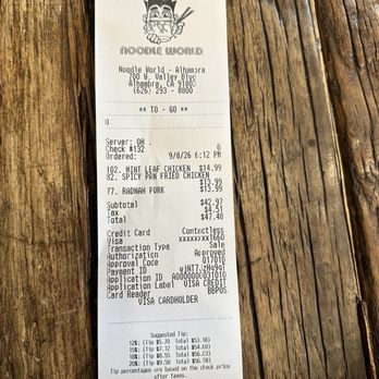 Noodle World - My take out receipt - Chinese Near Me - Alhambra, California Noodle World - My take out receipt - Chinese Near Me - Alhambra, California