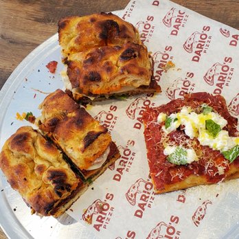 Dario’s Pizza - Two artisan sandwiches on fresh baked crispy foccacia bread, and a Diavolo slice with spicy soppressata. What a friggin delicious lunch! - Pizza Near Me - West Hempstead, New York Dario’s Pizza - Two artisan sandwiches on fresh baked crispy foccacia bread, and a Diavolo slice with spicy soppressata. What a friggin delicious lunch! - Pizza Near Me - West Hempstead, New York