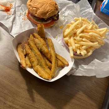 Riverside North - Double cheeseburger, fries, fried pickles - Burgers Near Me - Charlottesville, Virginia Riverside North - Double cheeseburger, fries, fried pickles - Burgers Near Me - Charlottesville, Virginia