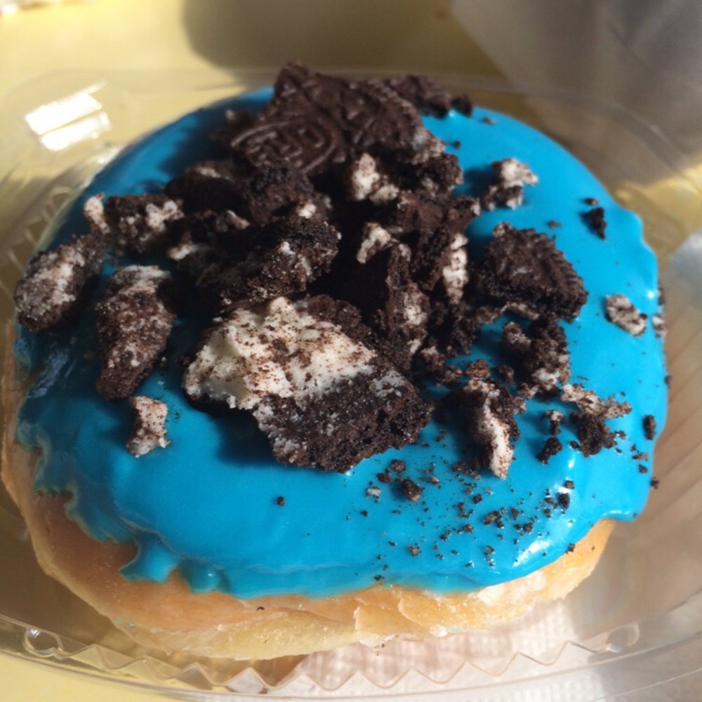 Bakers Donuts - Freshly glazed Blue Hippo Mint Oreo donut! Since the blue glaze was fresh, it was kind of hard and messy to eat. - Donuts Near Me - Sacramento, California Bakers Donuts - Freshly glazed Blue Hippo Mint Oreo donut! Since the blue glaze was fresh, it was kind of hard and messy to eat. - Donuts Near Me - Sacramento, California
