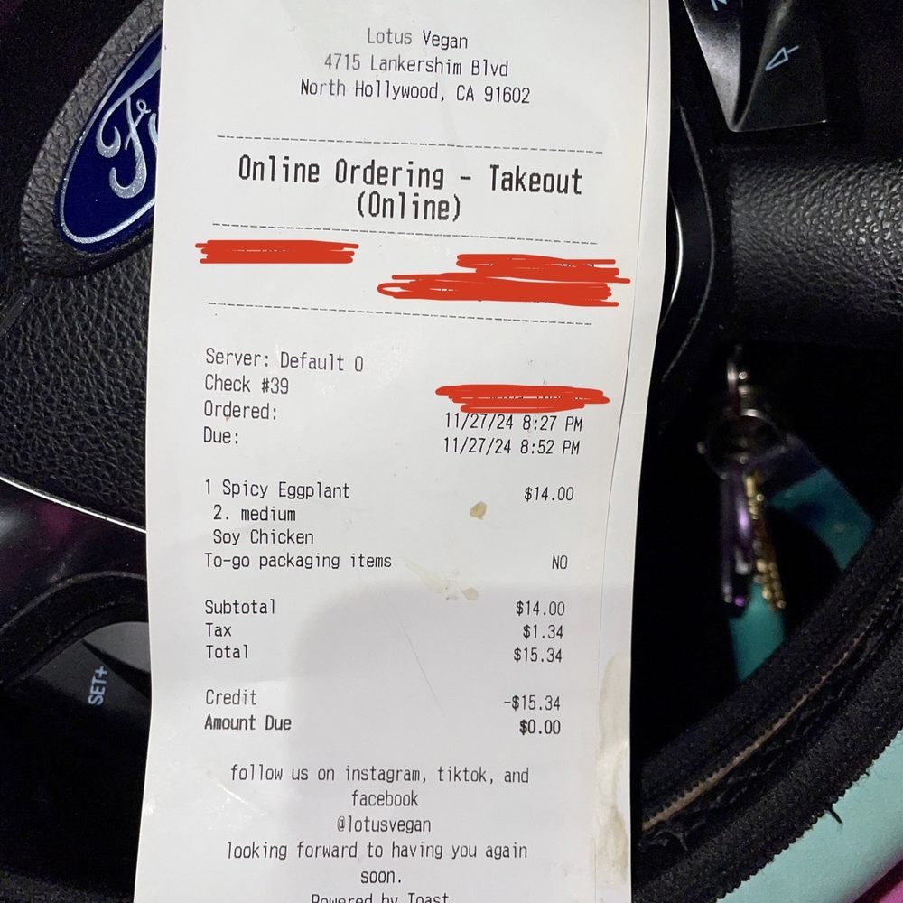 Lotus Vegan - The other persons receipt - Vegan Near Me - North Hollywood, California Lotus Vegan - The other persons receipt - Vegan Near Me - North Hollywood, California