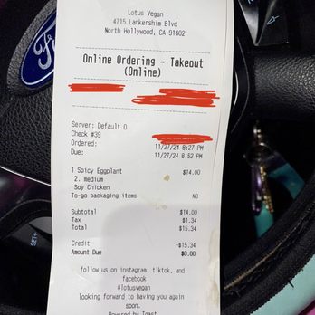 Lotus Vegan - The other persons receipt - Vegan Near Me - North Hollywood, California Lotus Vegan - The other persons receipt - Vegan Near Me - North Hollywood, California