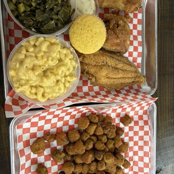 Arlanderz Chicken Joint - 1 catfish fillet & 2pc Chicken. Mac. Greens. Okra. - Chicken Shop Near Me - Bedford, Texas