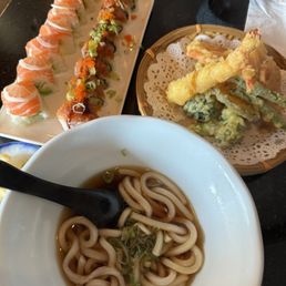 Tempura udon, volcano roll, and 49er Roll Tempura udon, volcano roll, and 49er Roll