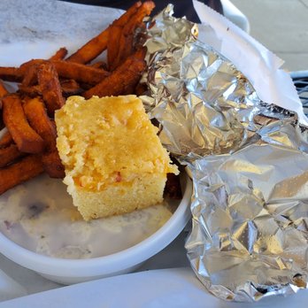 Joe’s Take-Out - Brisket plate with sweet potato fries, potato salad and cornbread - Burgers Near Me - Clemmons, North Carolina
