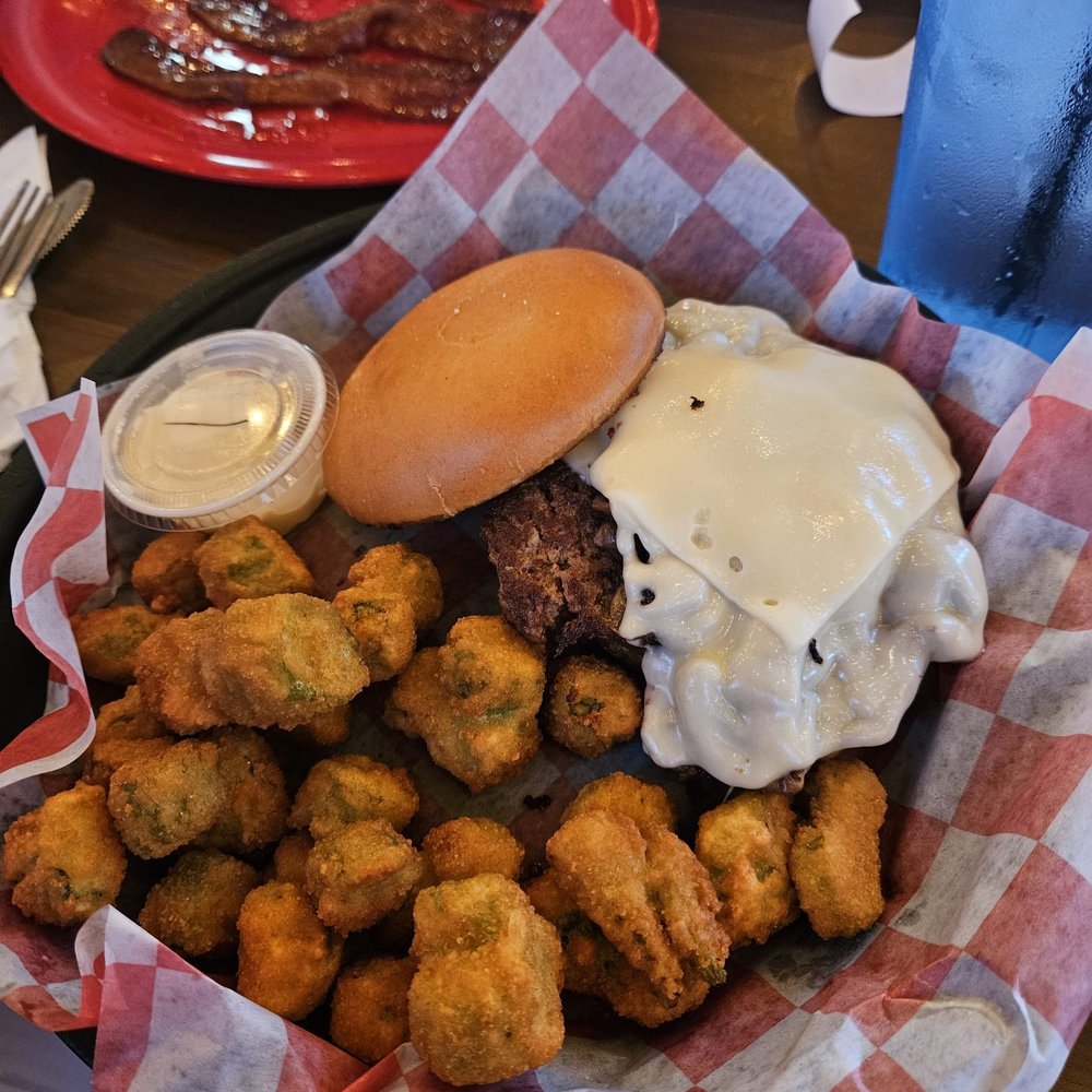 Billy Gail's - Mushroom swiss burger with fried okra - American Near Me - Branson, Missouri Billy Gail's - Mushroom swiss burger with fried okra - American Near Me - Branson, Missouri