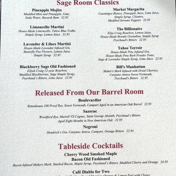 Sage Room Steak House - Cocktail Menu - Steakhouses Near Me - Stateline, Nevada