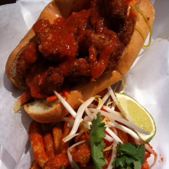 Fidel Gastro's - Shrimp Fat Boy sandwich with a side of Pad Thai fries - Street Vendors Near Me - Toronto, Ontario