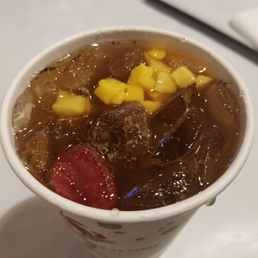 "Fruity Booty" (Black Tea with Mango Strawberry & Peach). - $4.75. Refreshing. "Fruity Booty" (Black Tea with Mango Strawberry & Peach). - $4.75. Refreshing.