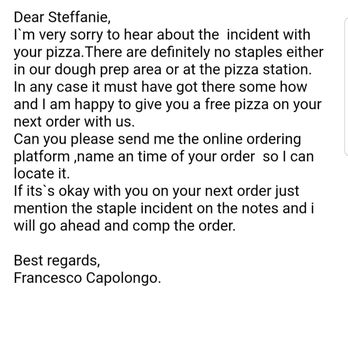 Fumo - 1st pizza incident email response - Pizza Near Me - New York, New York